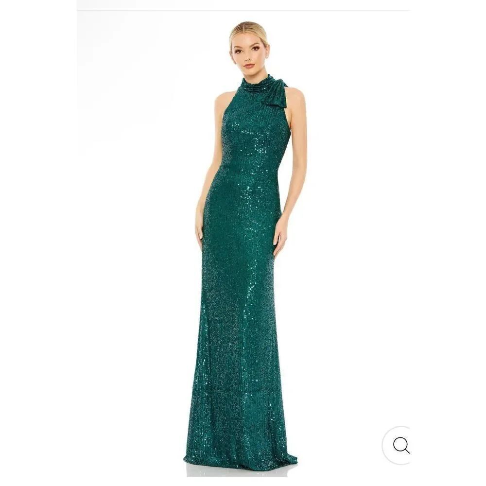 Mac Duggal NWT Authentic size 12 dark teal sequined soft bow column Ieena gown